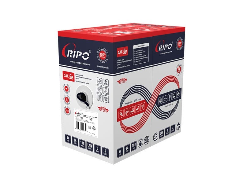 U/UTP4 Cat5e 24AWG PE RIPO,  CCA, черный, 0,5мм, 305м, Outdoor  (пр-во РФ)