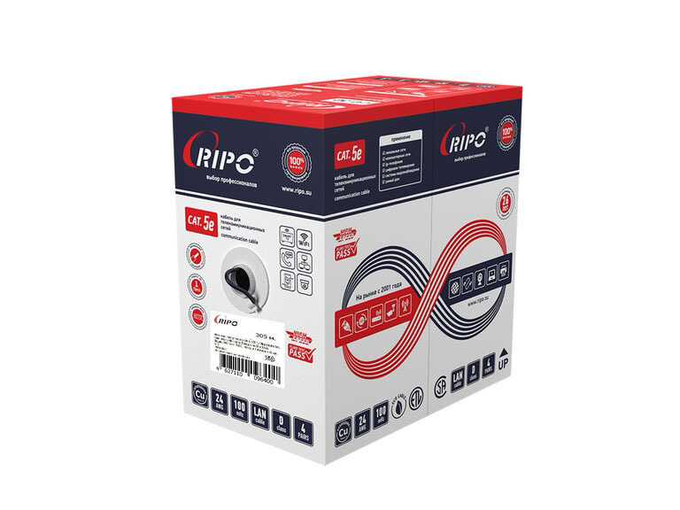 UTP 4 CAT5E 24AWG Ripo  Cu BC (чистая медь), Outdoor, PE, черный, 1x305м., no Fluke