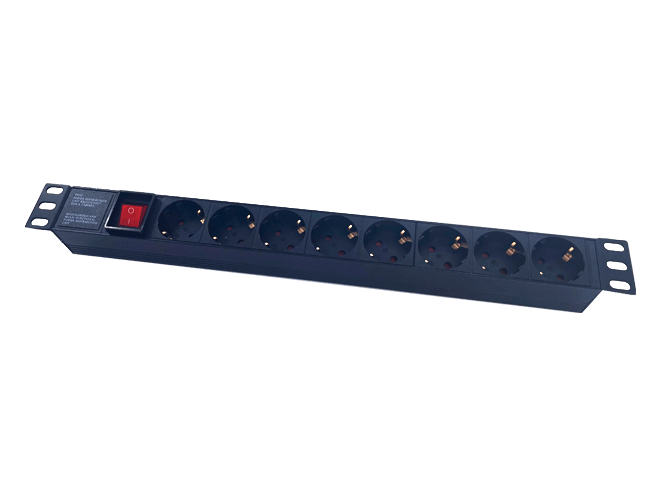 Блок электрических розеток RIPO для 19"шк, 1U, гориз., 8роз, 10 A, выкл., гнездо под шнур, AL-корпус